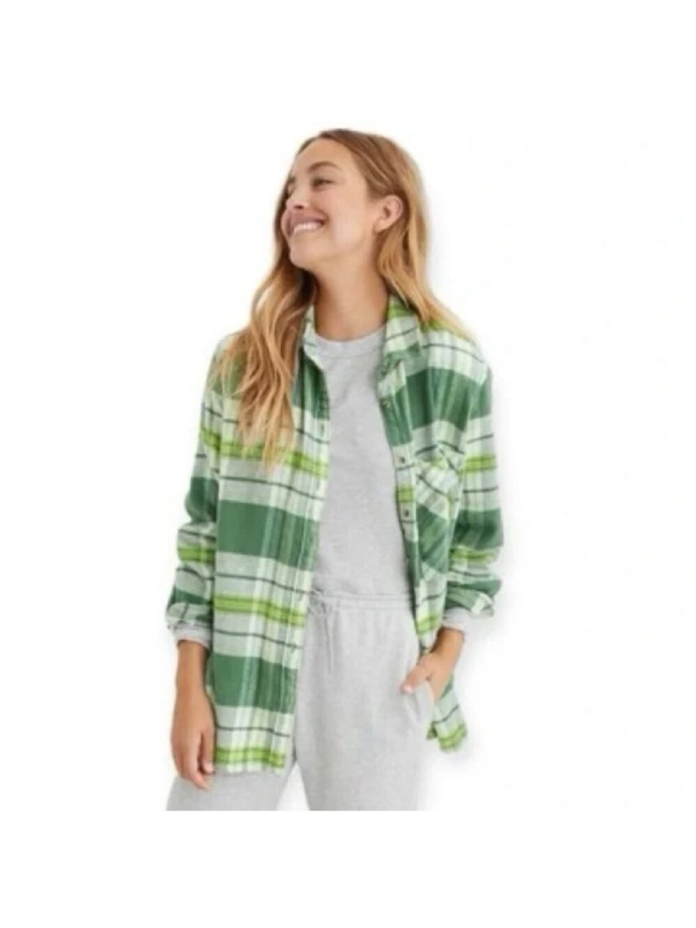 Aerie Green Plaid Button-Up Shacket